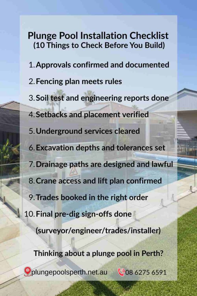 Plunge pool installation checklist in Perth showing approvals, fencing rules, soil testing, drainage, crane access, and final certification